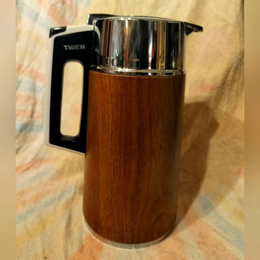 Vintage Tiger Vacuum Bottle hot or cold coffee pot with chrome & faux wood grain